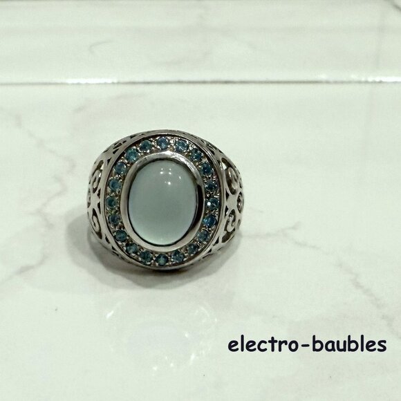 JTV 925 Sterling Silver Filagree Blue Chalcedony & Blue & White Topaz Ring Sz 8 - Picture 3 of 11